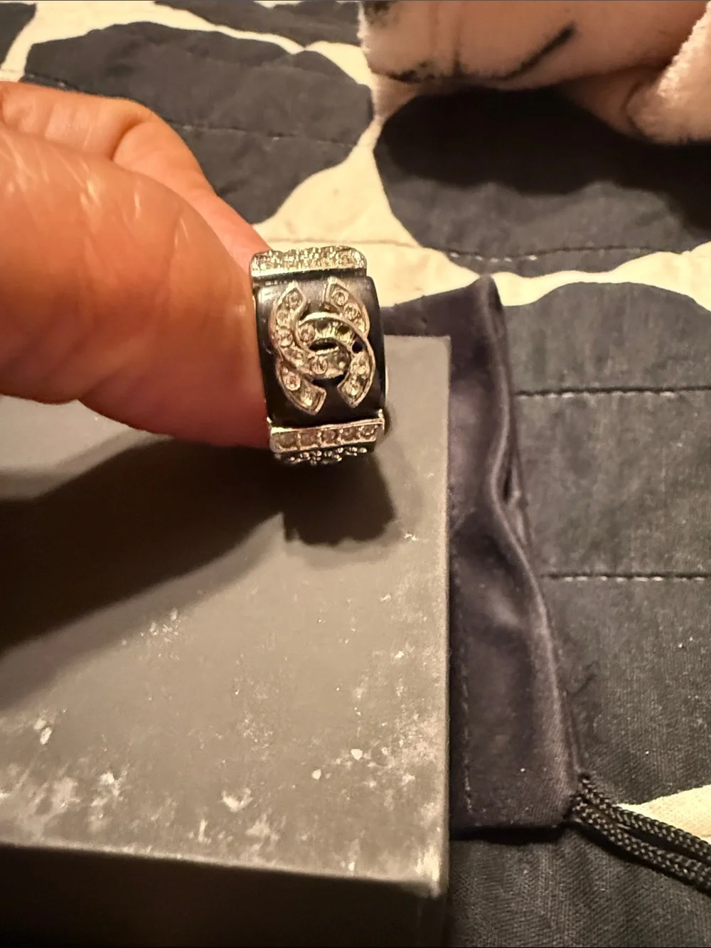 CHANEL Silver and Black Crystal CC Signet Ring